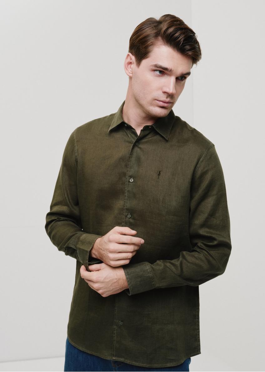 Dark green linen men's shirt KOSMT-0321-54(W24)-01