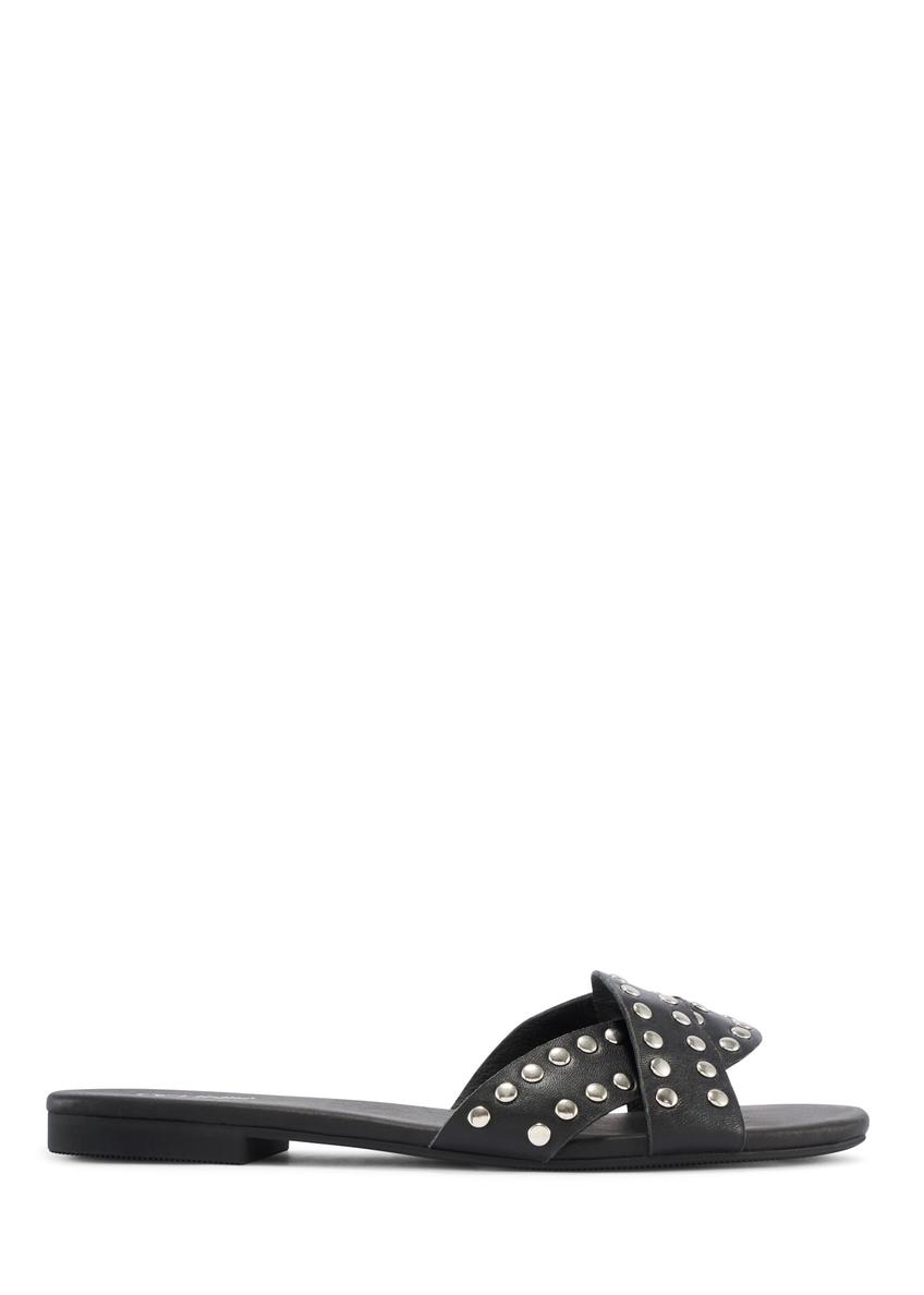 Women's black leather mules with rhinestones BUTYD-1226-99(W26), side view of the product on a white background.