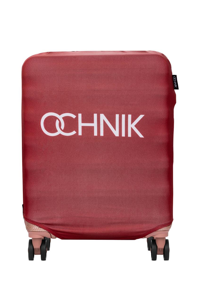 Red cover for a small suitcase with the AW-013-0002-4B-S(W26) logo, front product view on the suitcase.