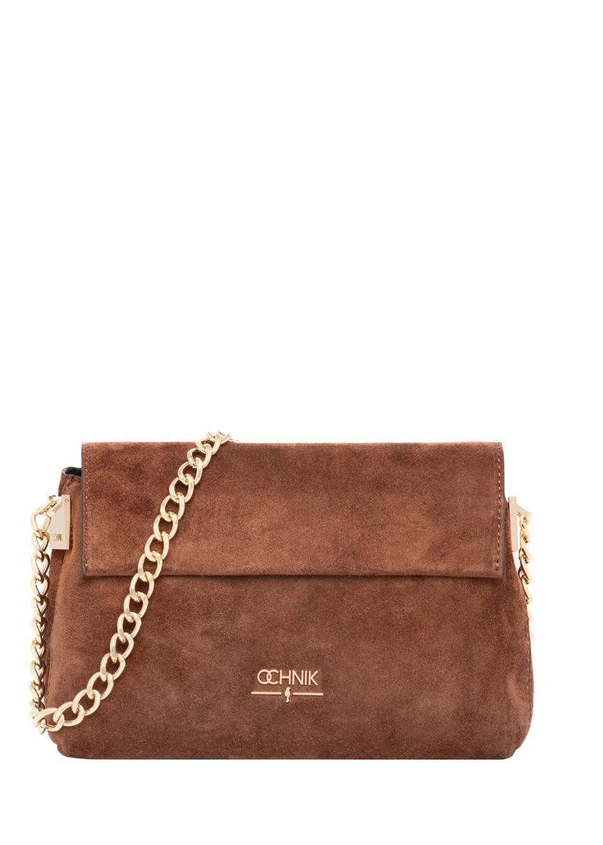 Cognac suede small women's handbag TORES-1170-1F(W26), front product view on white background.