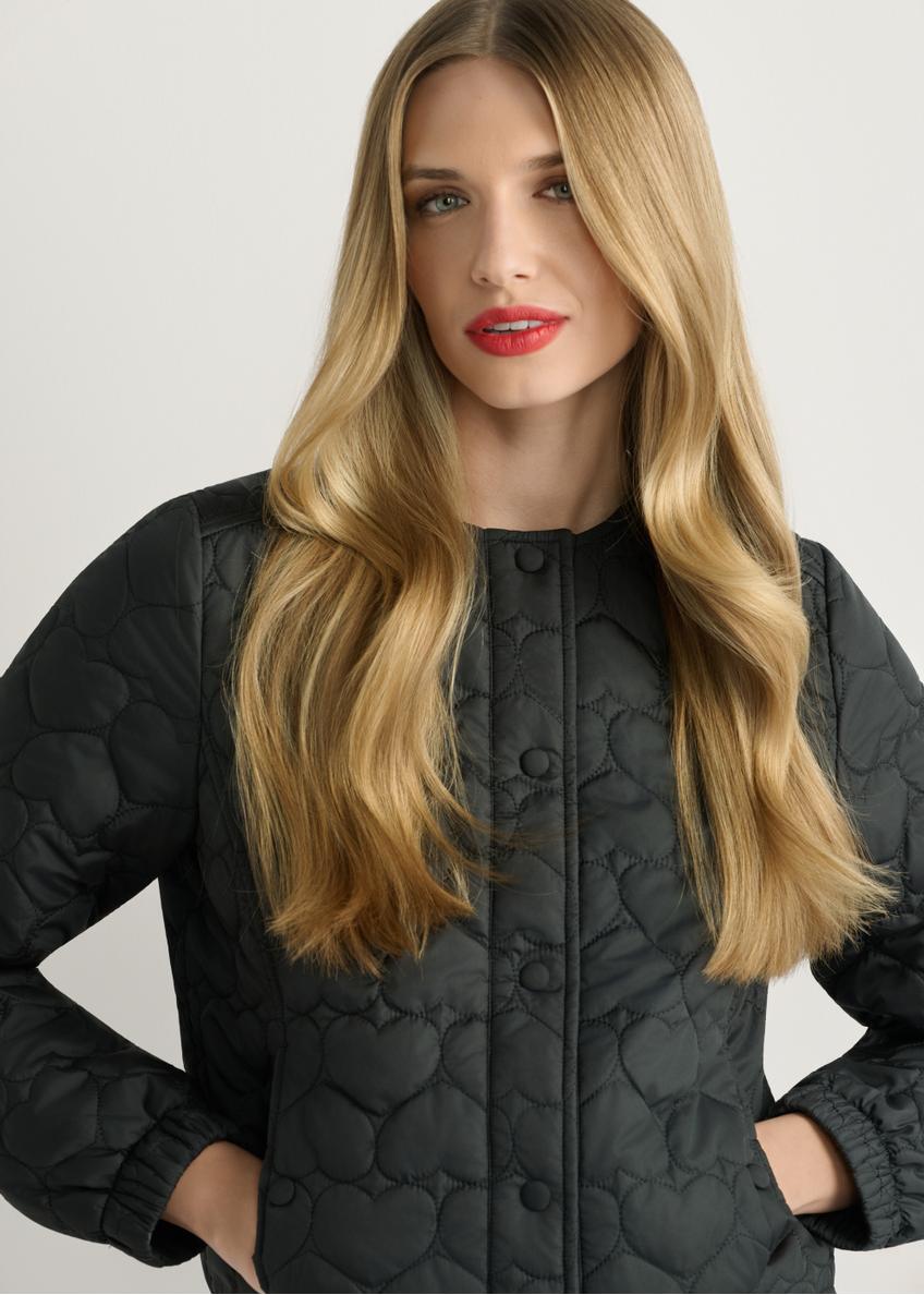 Black women's quilted jacket KURDT-0630-99(W26), close-up of product detail, view on a model.