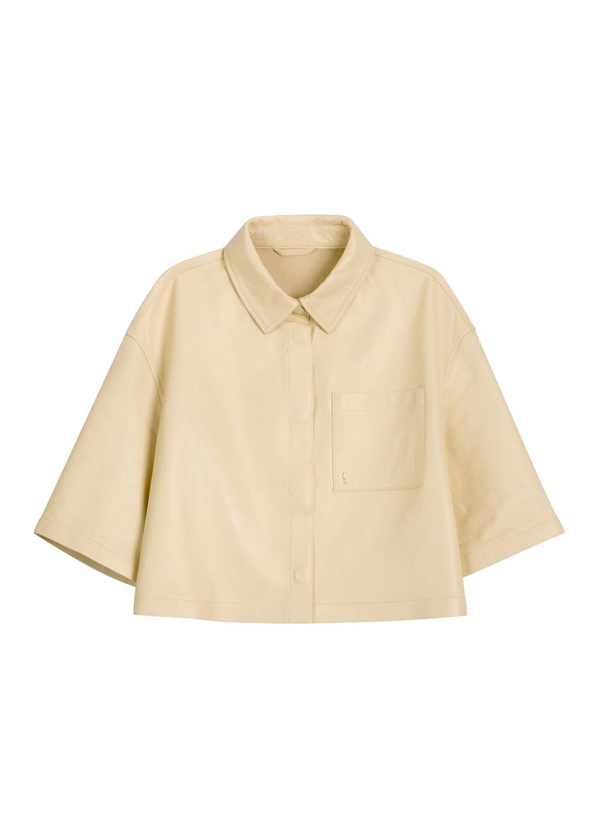Short light yellow women's leather shirt KOSDS-0005-2A(W26), front product view on white background.
