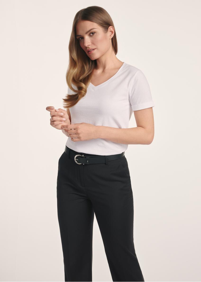 White women's V-neck T-shirt TSHDT-0118A-11(Z25), front view of the product on the model. Half of the silhouette visible.
