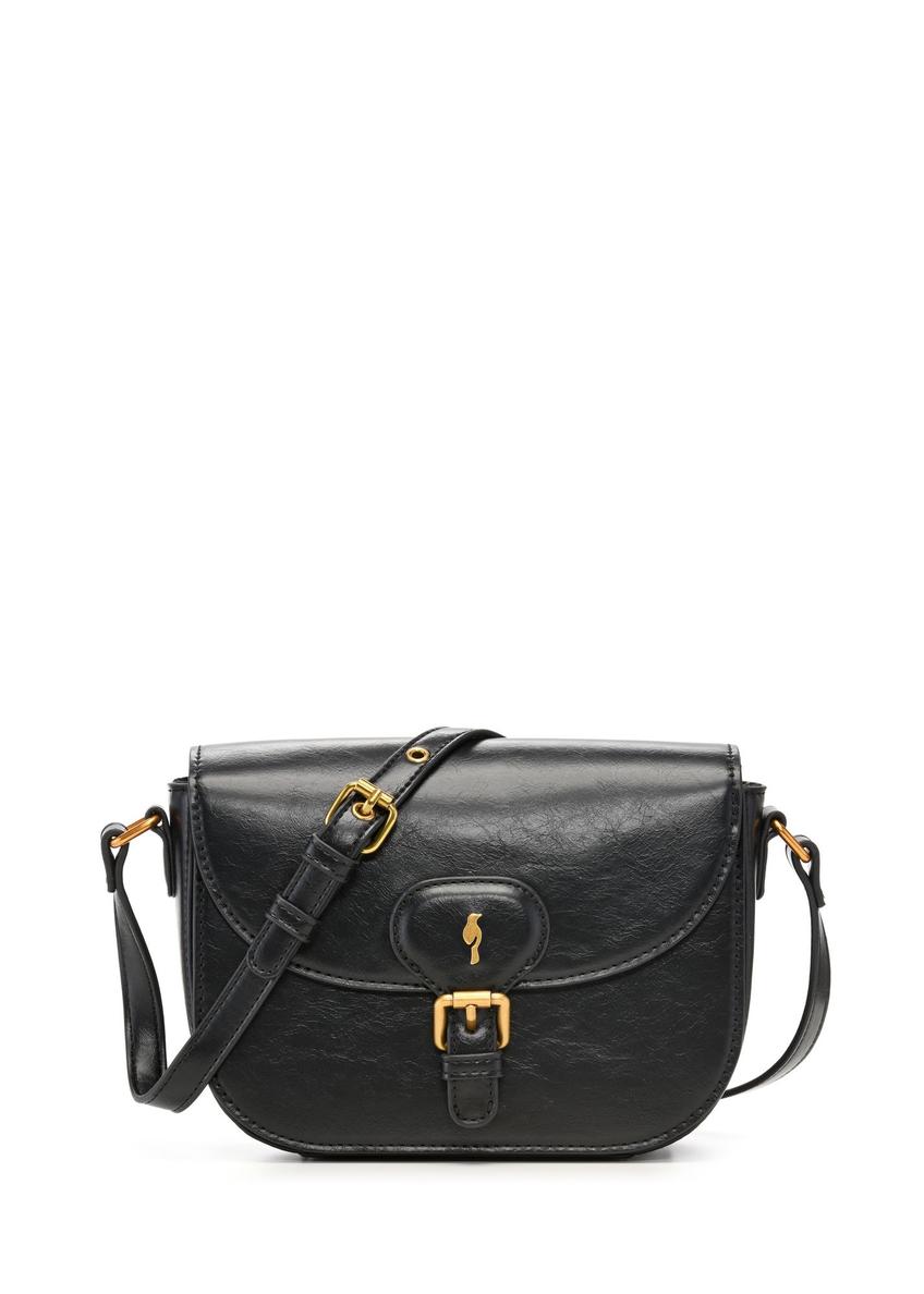 Small black women's messenger bag with decorative clasp TOREC-1243-9F(Z26) - front product view, on a white background.
