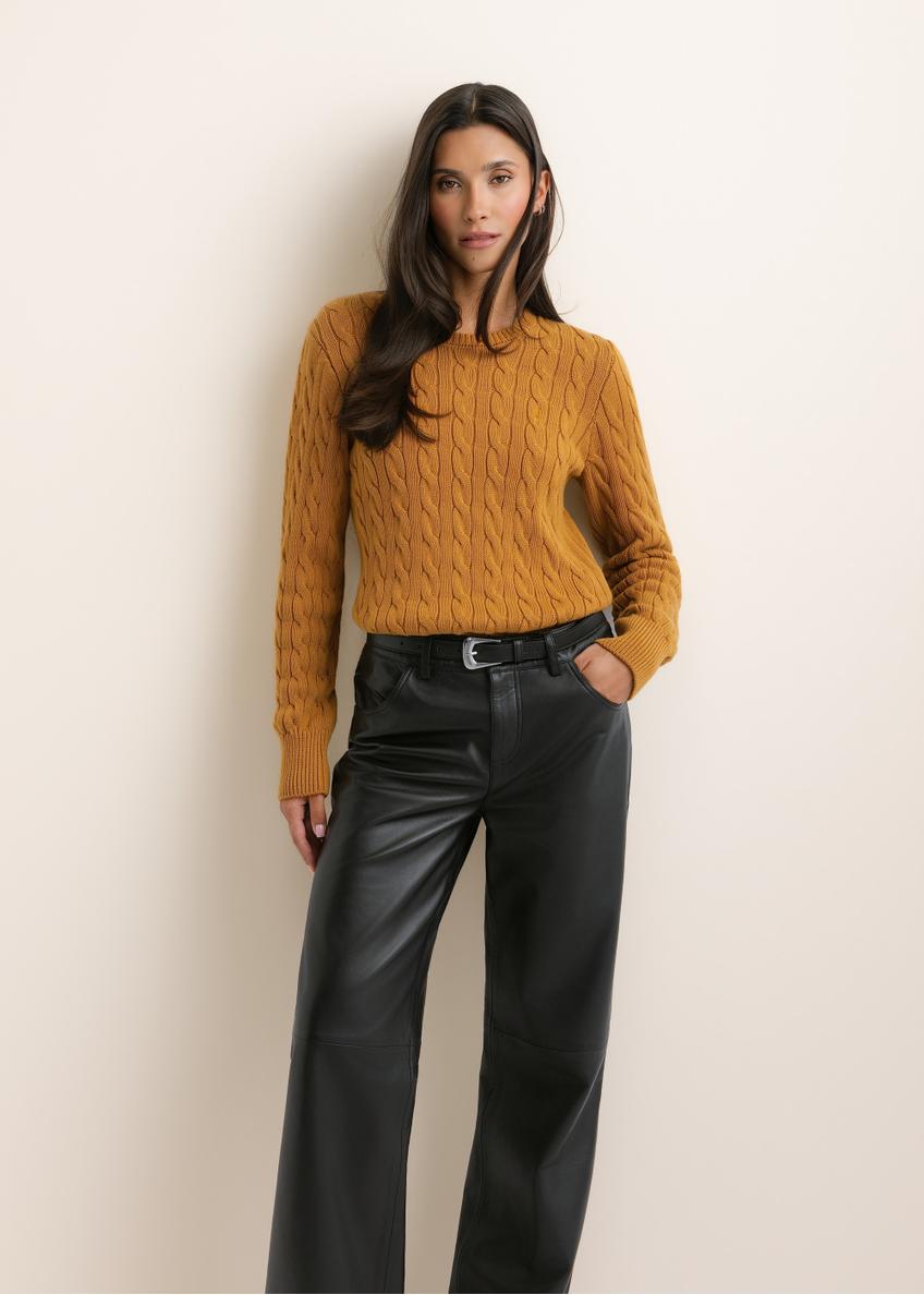 Mustard-colored women's cotton sweater SWEDT-0269-2D(Z26), front view on a model. Half-body shot.
