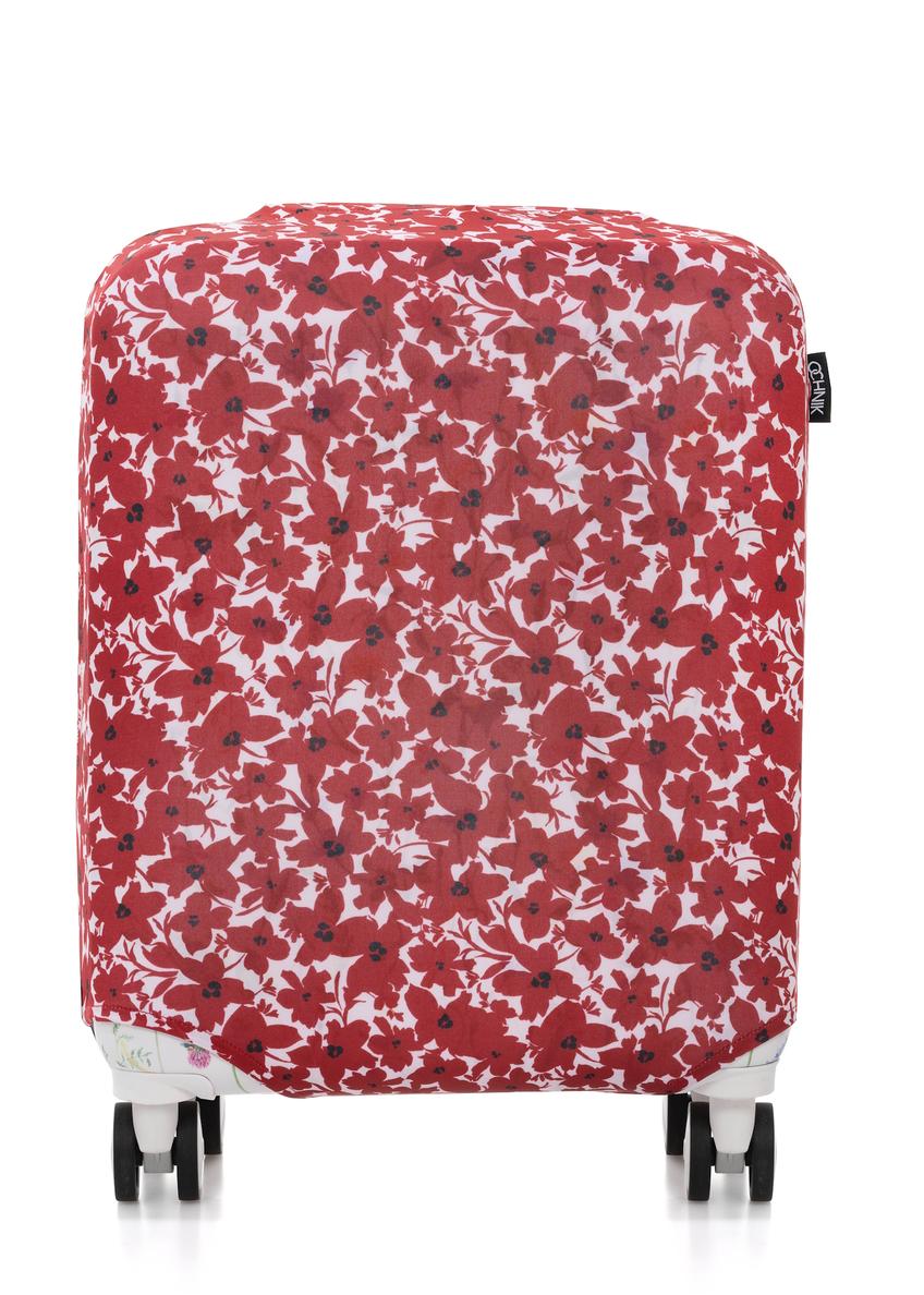 Suitcase cover with flowers for small suitcase AW-013-0005-42-S(W25), front view of the product on the suitcase, isolated on white background.