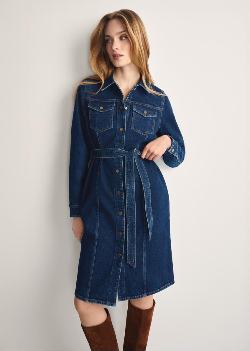 Denim shirt-style dress SUKDT-0240-68(Z25), product visible from the front on the model, half of the silhouette visible.