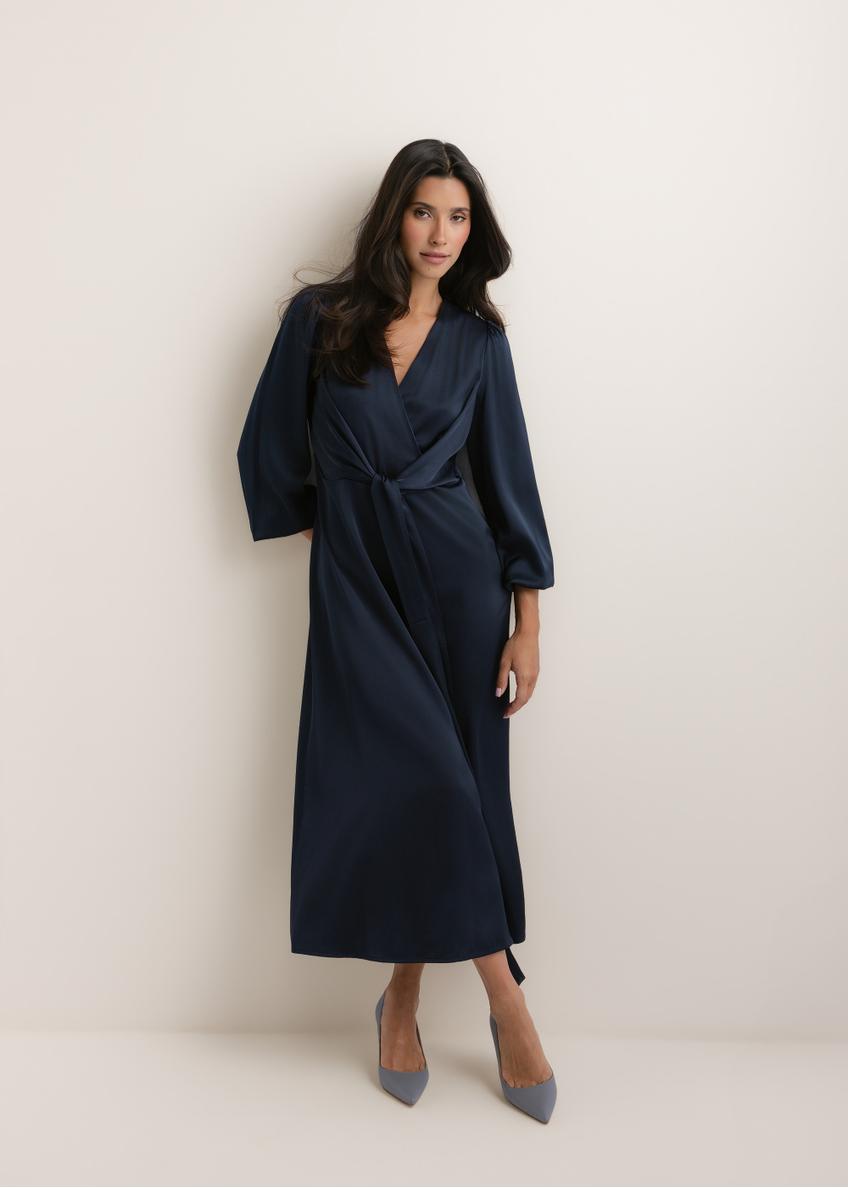 Navy blue midi dress SUKDT-0263-7E(W26), front view of the product on the model. Full body visible.