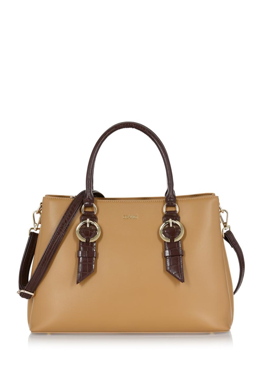 Beige imitation leather shopper bag TOREC-0892-81(W24)-07