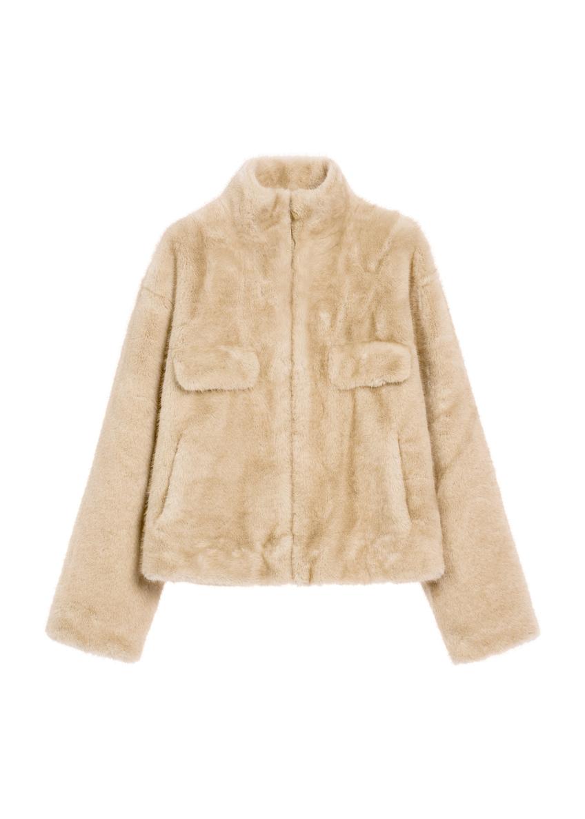 Beige short women's fur coat FUTDP-0071-81(Z25), product view from the front on a white background.