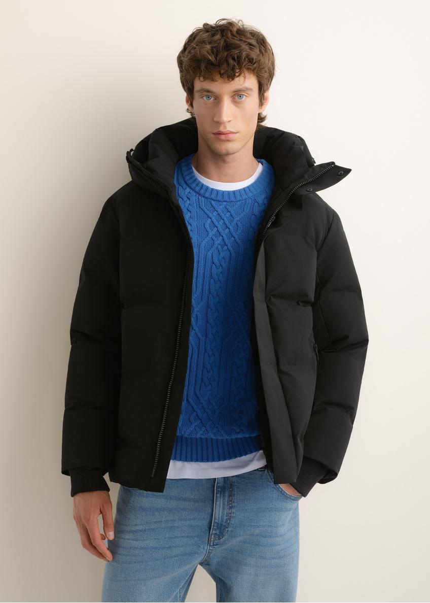 Men's black winter jacket KURMT-0447-99(Z26), front view on a model. Half-body shot.
