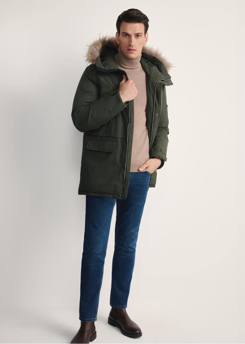 Men's winter jacket in olive green KURMT-0395-51(Z25) - front view of model against white background. Full body visible.