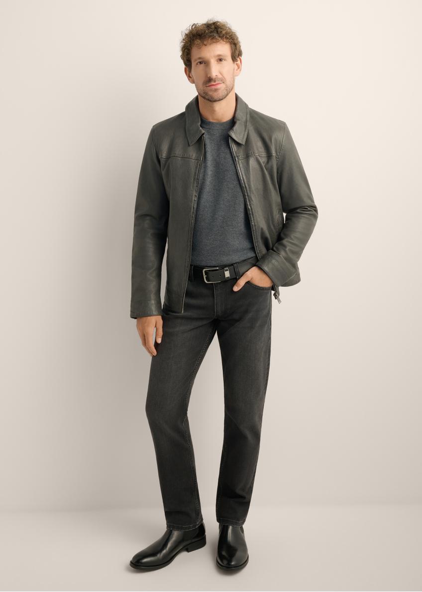 Men's graphite leather jacket KURMS-0419-9D(Z26). Front view of the product on a model. Full silhouette visible. 