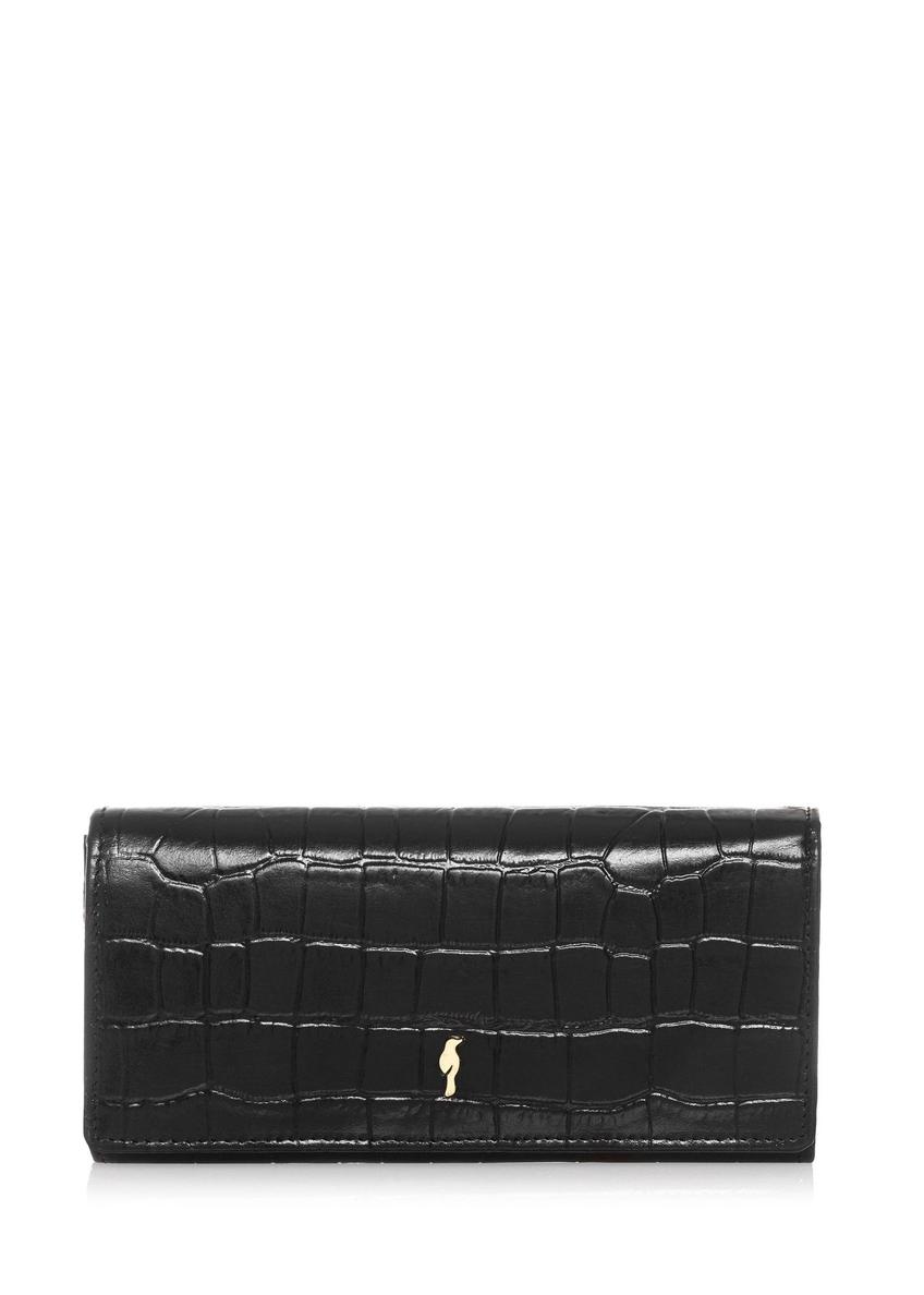 Women's leather black croco wallet PORES-0889B-99(Z25), front product view on white background.