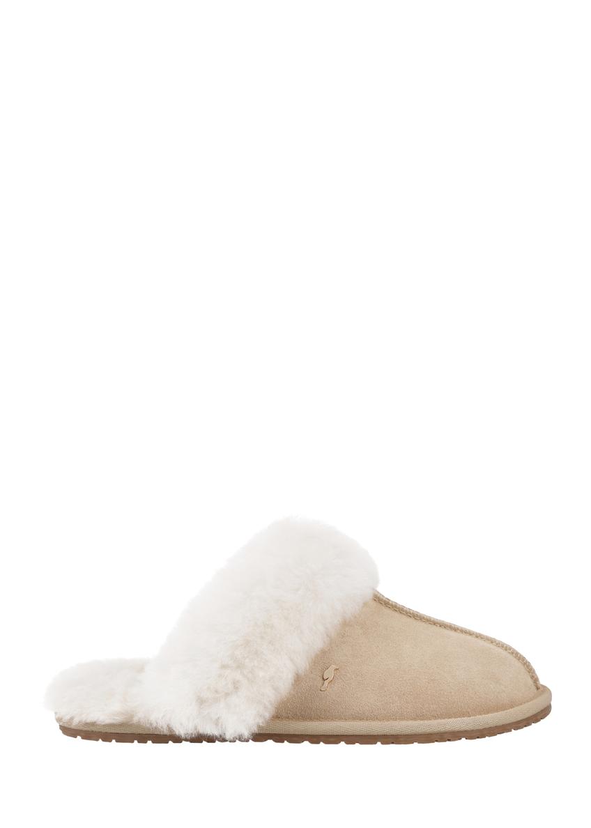 Beige women's suede slippers BUTYD-1319-1B(Z26), side view on a white background.
