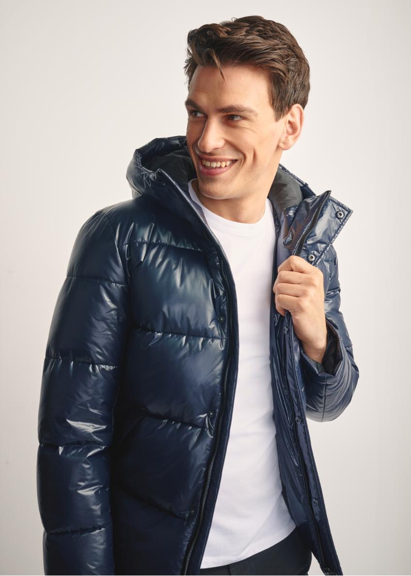 Men's navy blue quilted hooded jacket KURMT-0340-69(Z25), unbuttoned view of the product on the model. Half of the silhouette visible.