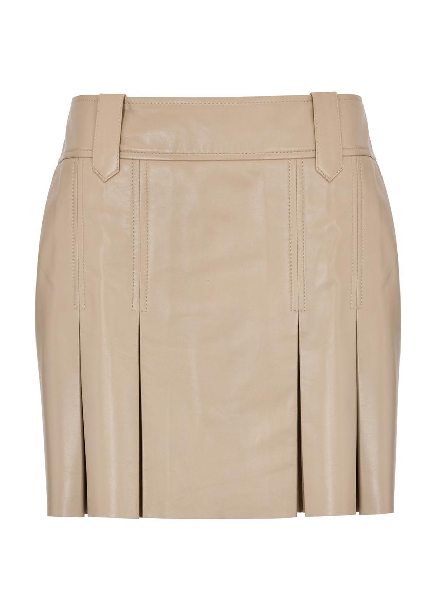 Beige leather pleated mini skirt SPCDS-0070-1187(W24)-04