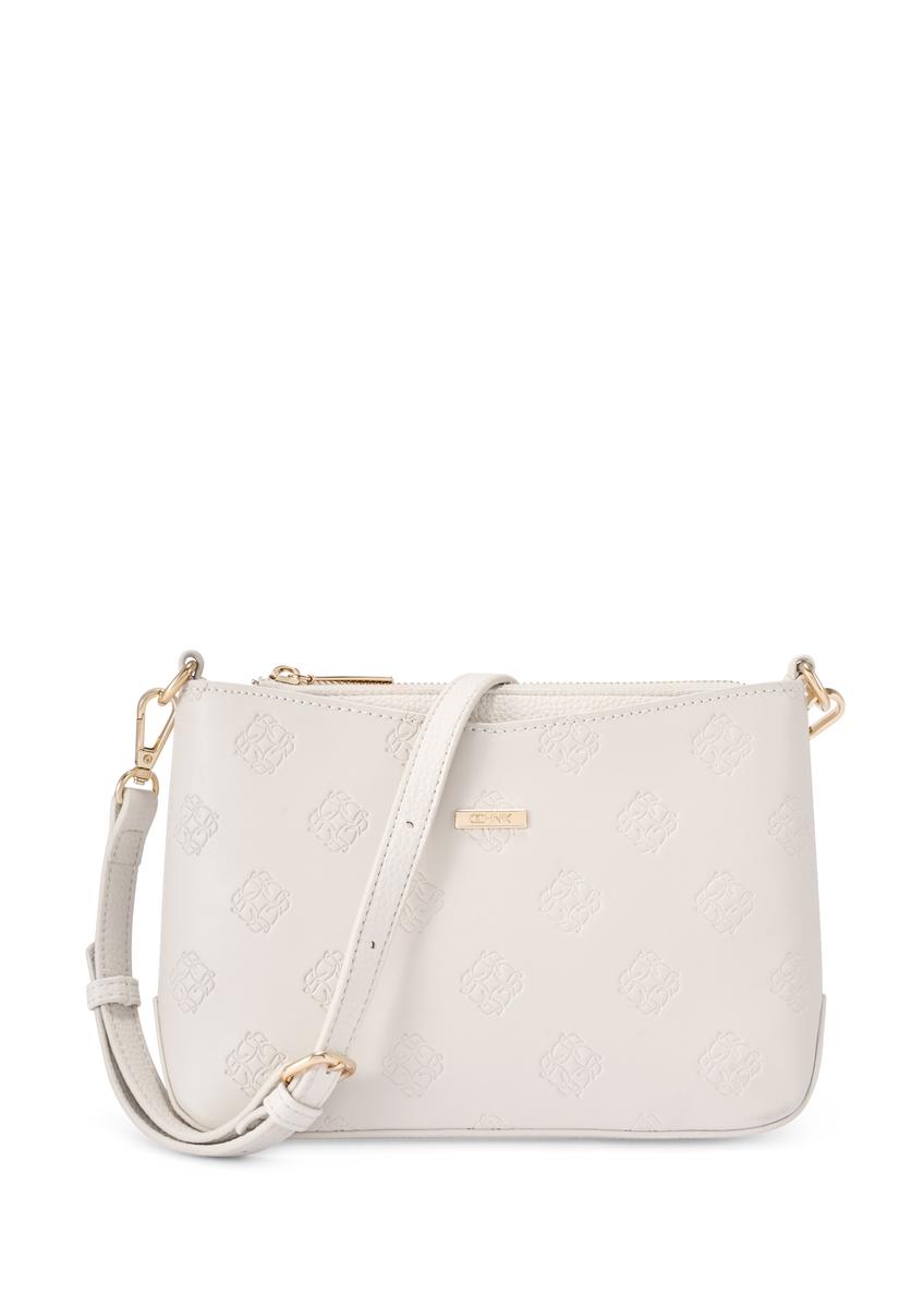 Cream women's handbag with monogram TOREC-1159-0B(W26), front product view on white background.