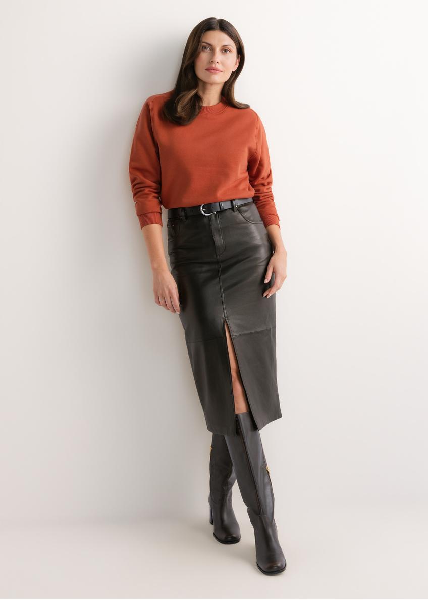 Women's cotton sweatshirt in ginger color BLZDT-0123-3D(Z26), product view from the front on the model. Full body visible.