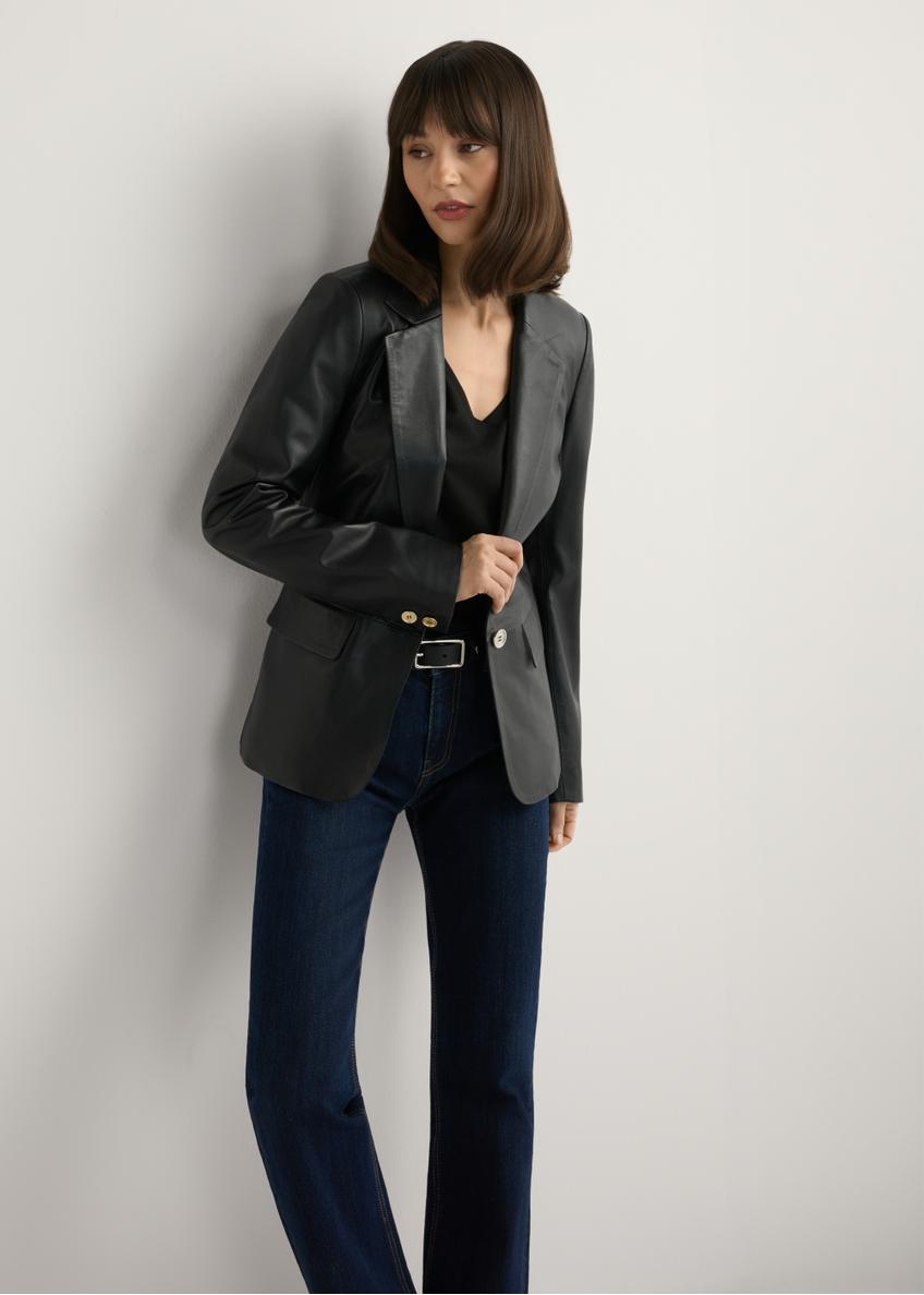 Women's black leather jacket KURDS-0445-99(W26), front view of the product on the model. Half of the silhouette visible.