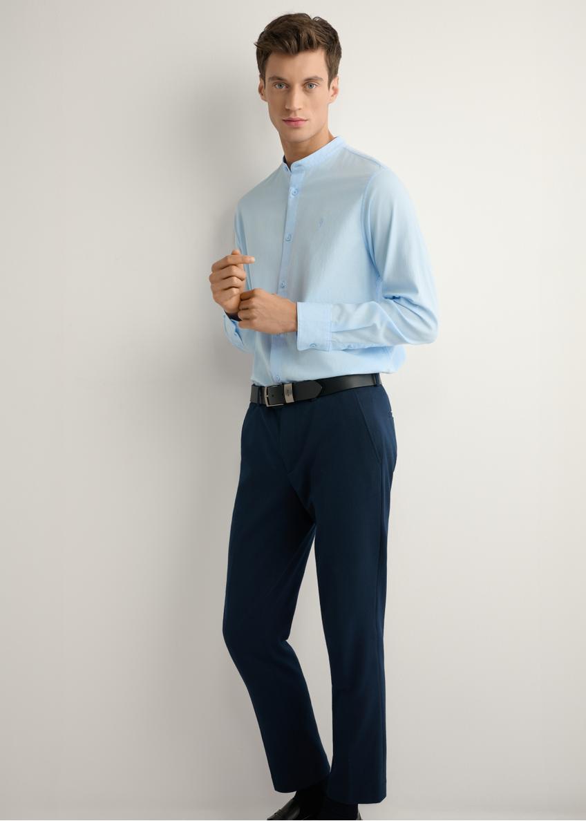 Light blue cotton men's shirt KOSMT-0326-7A(W26), front view of the product on the model. Full body visible.