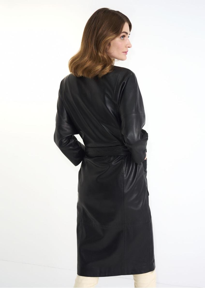 Black leather women's coat with belt KURDS-0358-5411(Z23)