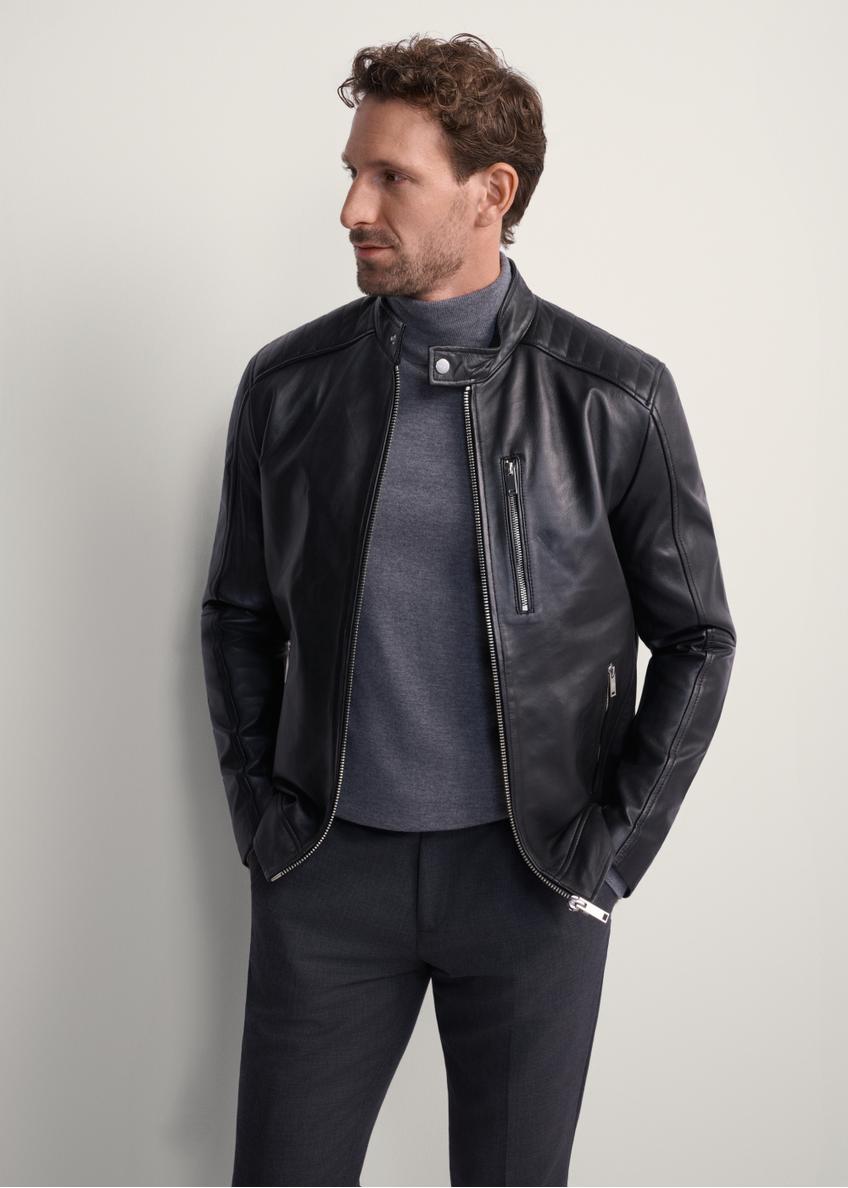 Men's leather jacket with stand-up collar KURMS-0191-5491(KS), front product view on model. Half silhouette visible.