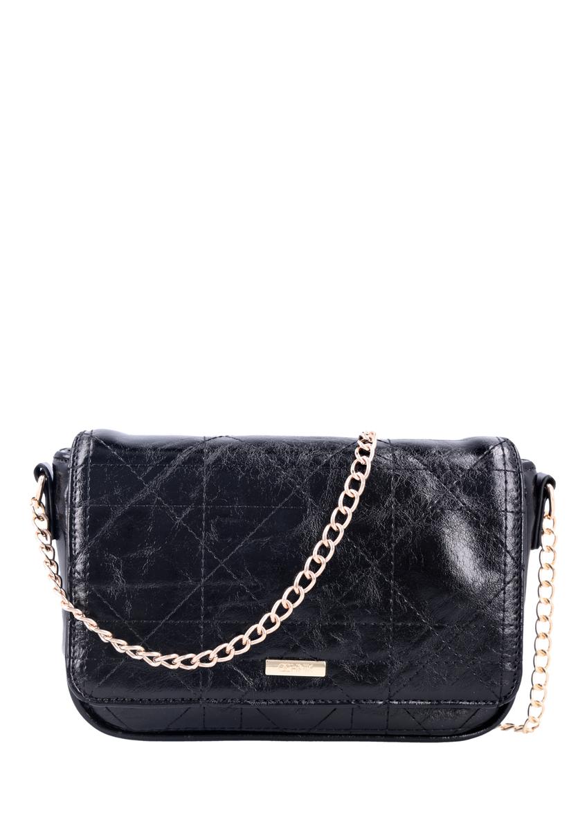 Black small glossy messenger bag TOREC-1254-9F(Z26), front product view on white background.