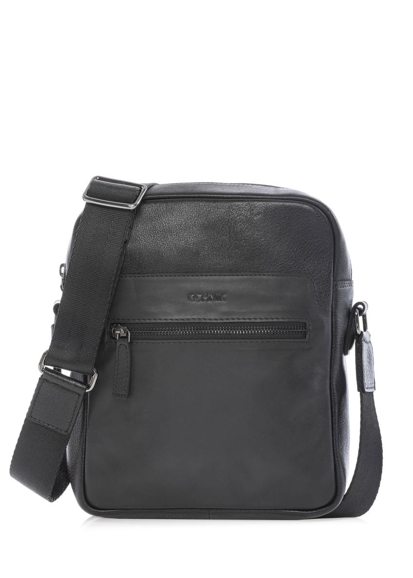 Men's black leather messenger bag TORMS-0499-99(W26), front product view on white background.