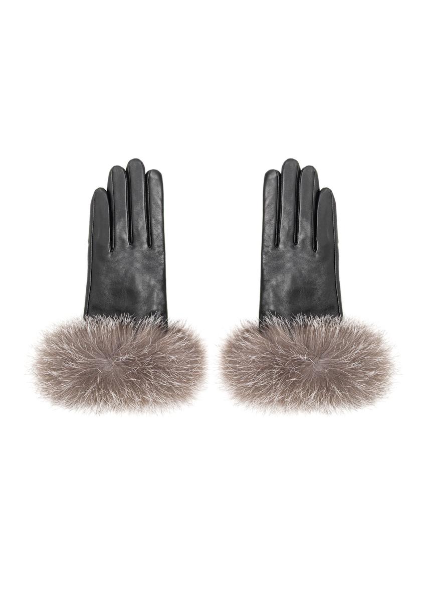 Women's black leather gloves with fur REKDS-0111-99(Z26)