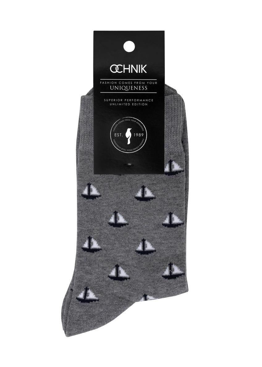 Grey long men's socks with sailboats SKAMT-0187-95(W24)