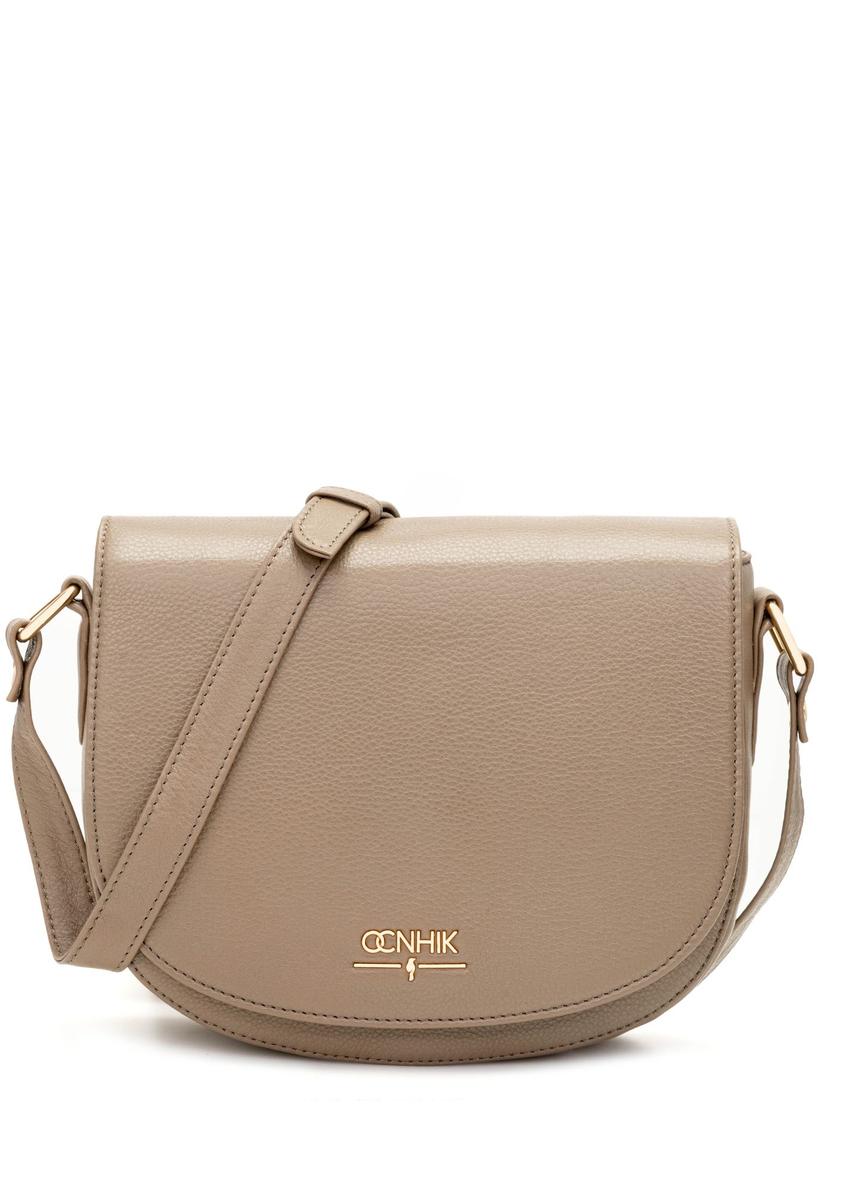 Dark beige leather semi-circular messenger bag TORES-0972F-1K(W26) - front product view on white background.