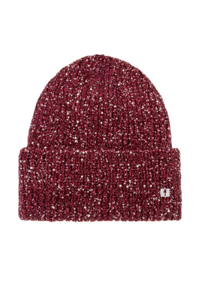 Burgundy women's hat with sequins CZADT-0211-49(Z25), front product view on white background.