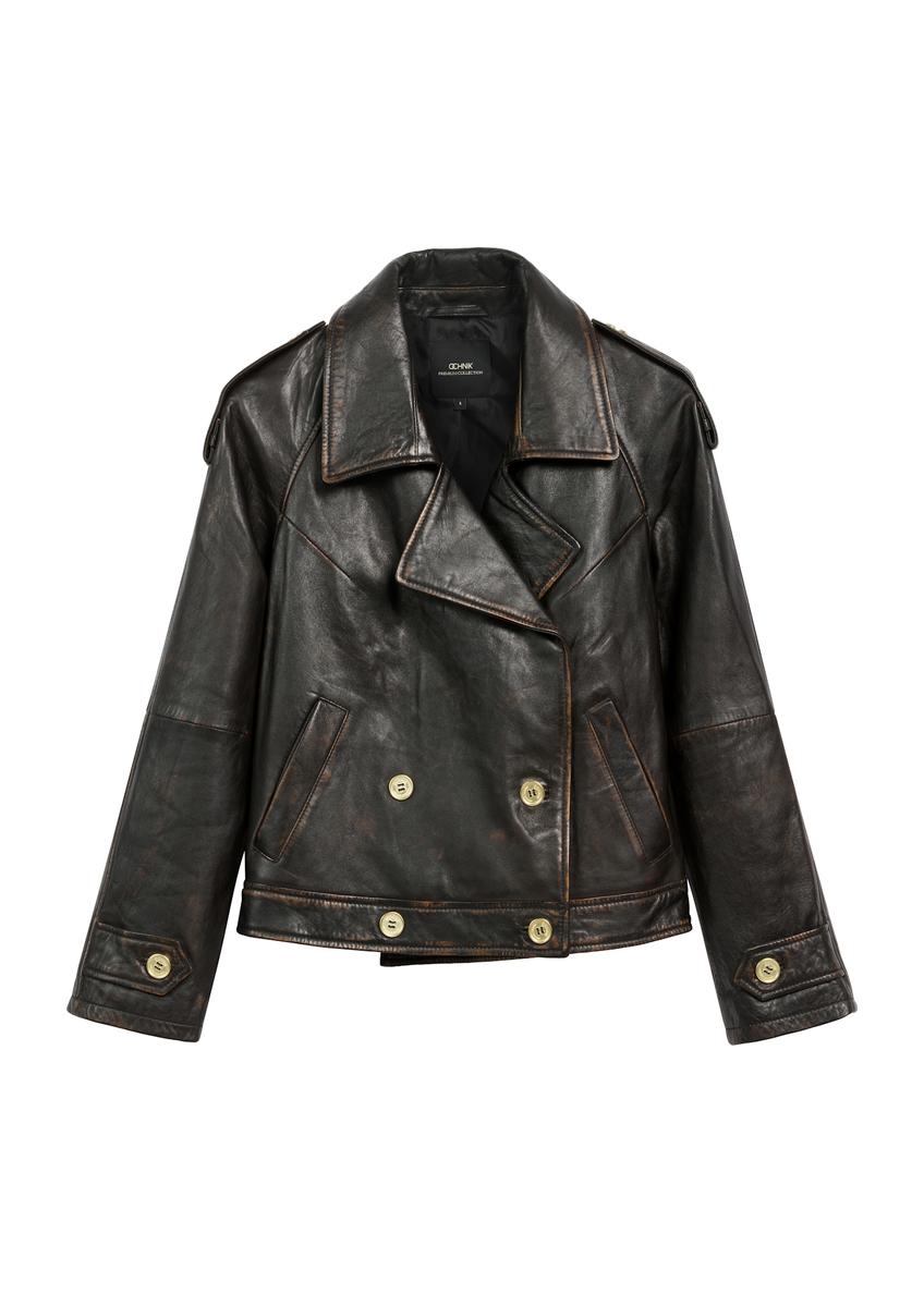 Brown oversize women's leather jacket KURDS-0553-2737(Z25), product view from the front on a white background.
