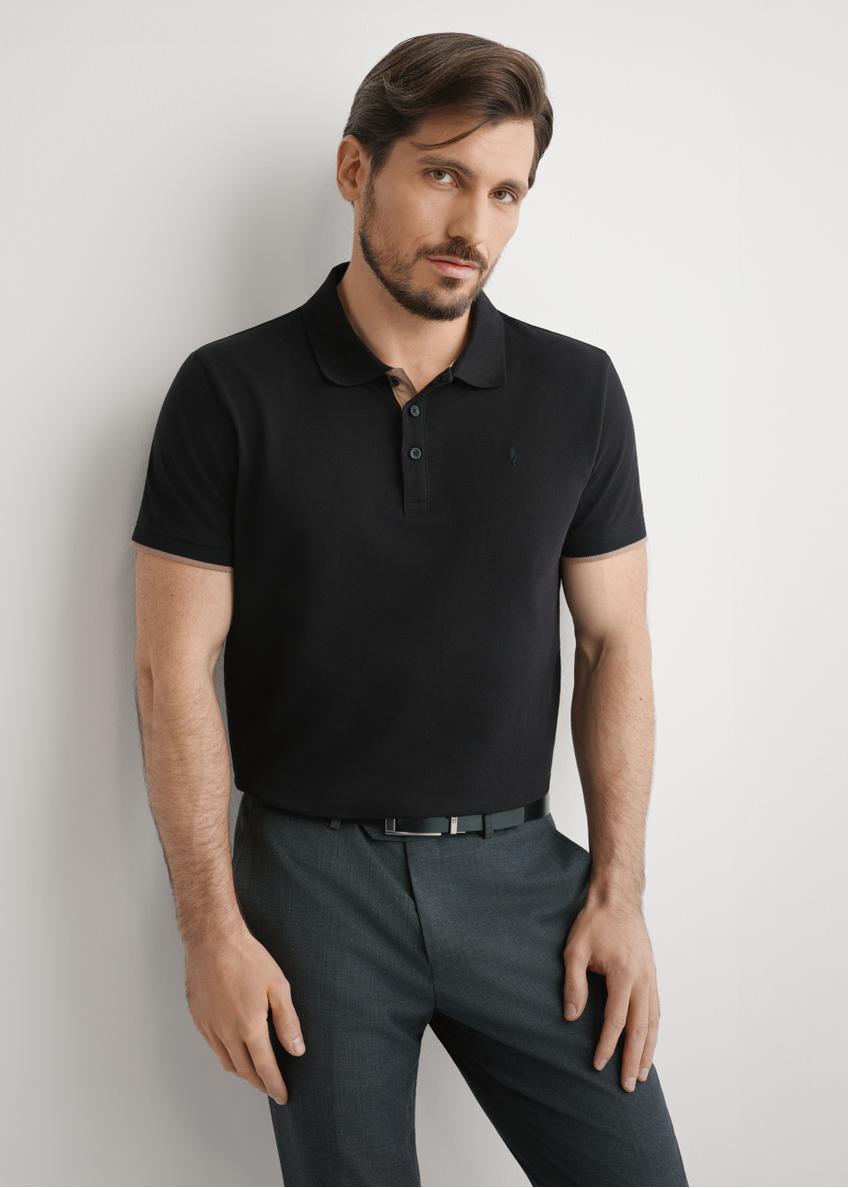 Men's black cotton polo shirt POLMT-0045B-99(W25), front view of the product on the model. Half of the silhouette visible.