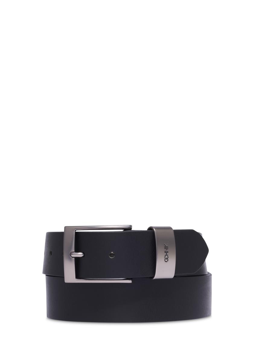 Men's smooth black leather belt PASMS-0163A-99(Z25), front view on a white background.