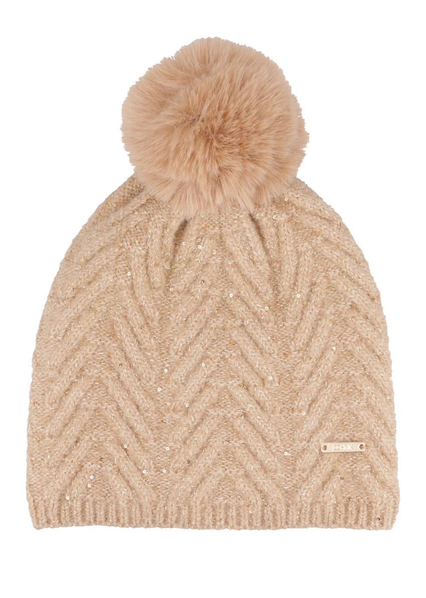 Light beige women's hat with pompom and sequins CZADT-0220-1A(Z26), front product view on white background.