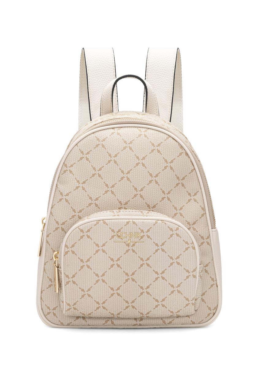 Cream women's backpack with monogram TOREC-1026-0P(W26), front product view on white background.