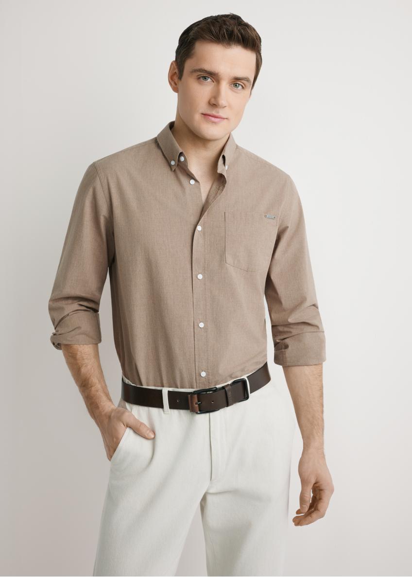 Men's cotton shirt in camel color KOSMT-0361-1D(W26), front view of the product on the model. Half of the silhouette visible.