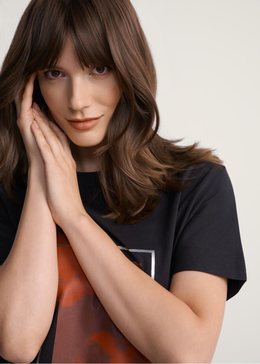 Black women's t-shirt with print TSHDT-0146-99(Z25), close-up of the product on the model.