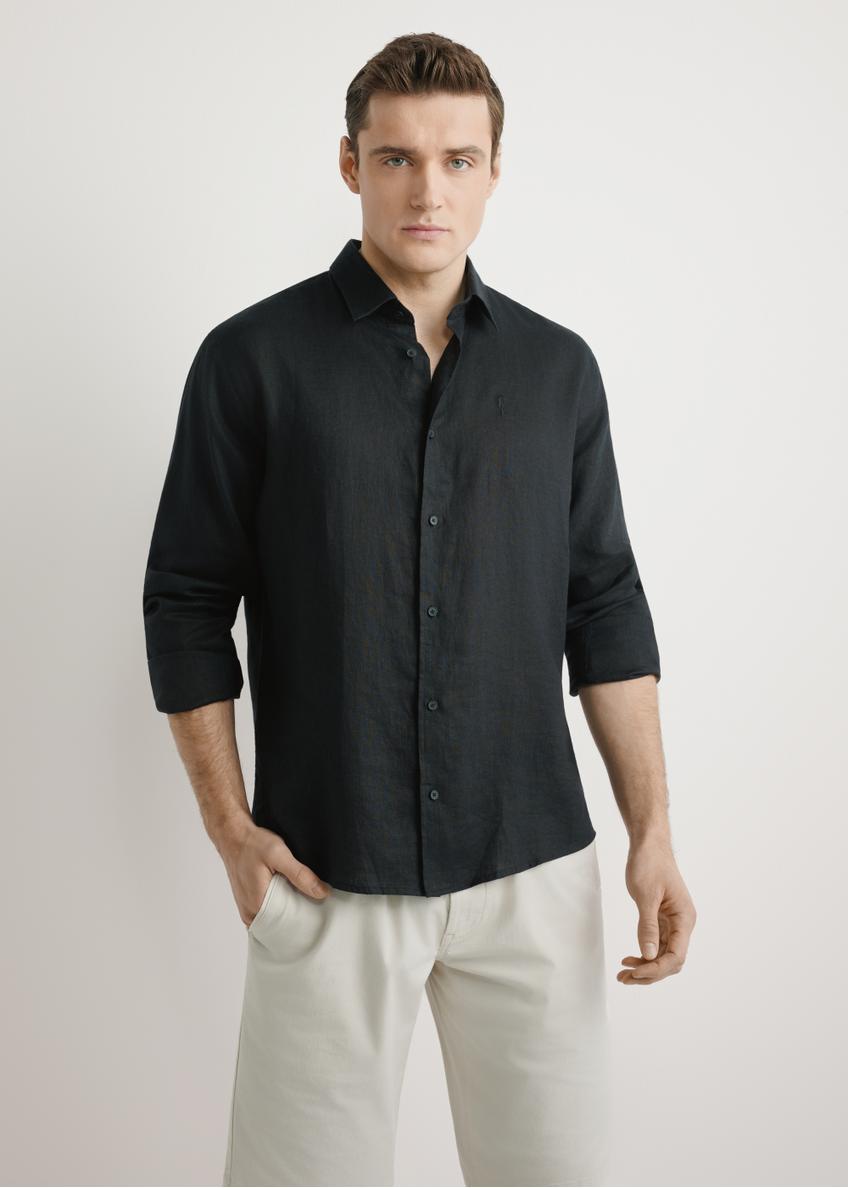 Men's black linen shirt KOSMT-0321A-99(W26) - front view of the product, on a model, against a light background. Half of the silhouette visible.