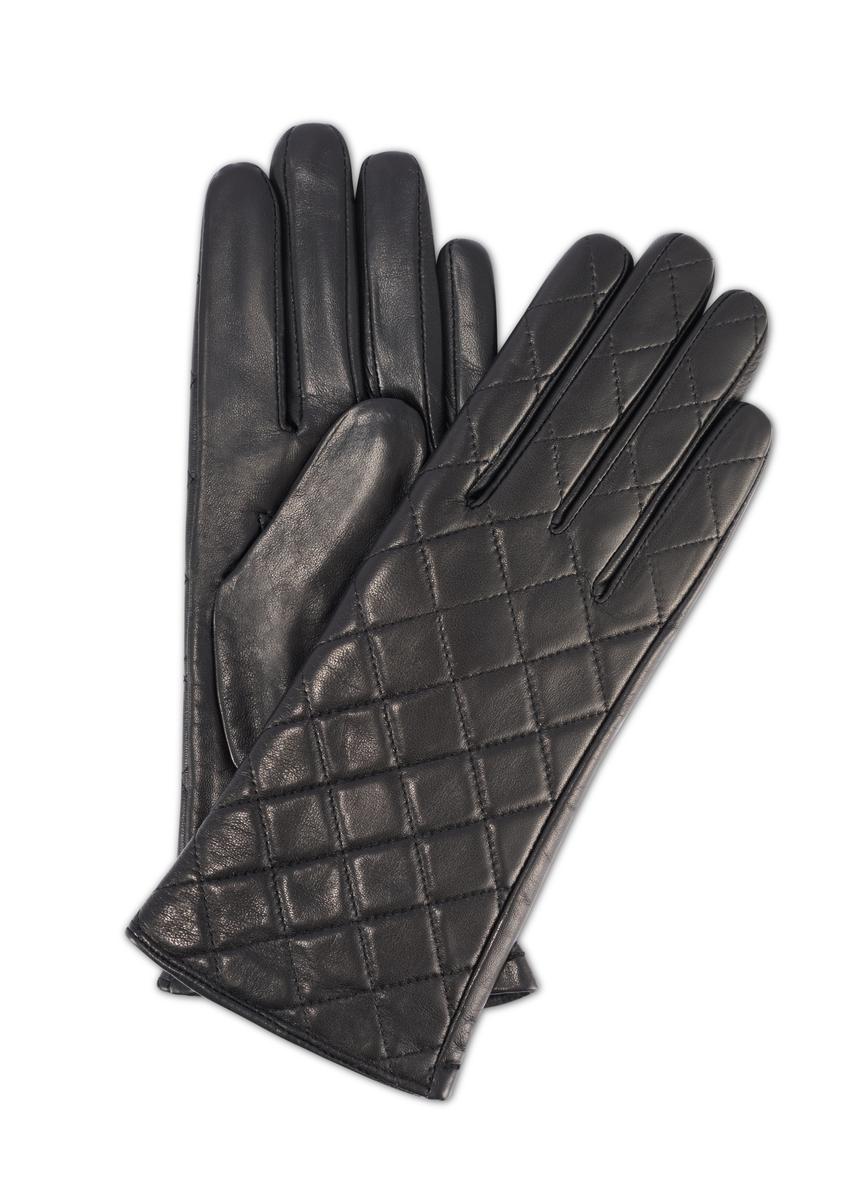 Women's black leather gloves REKDS-0079A-99(Z25), product view from the front and back on a white background.