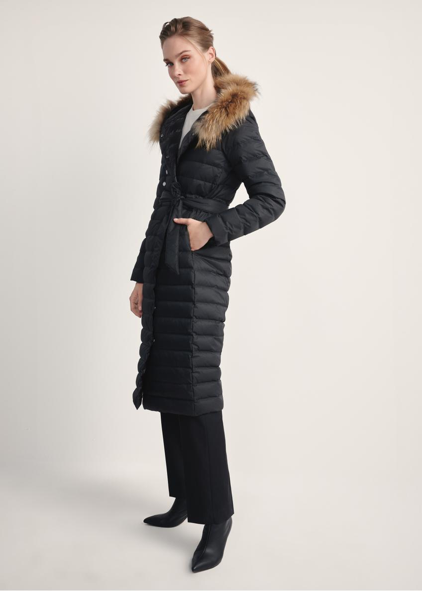Women's long quilted jacket with duck down KURDT-0616-99(Z25), side view of the product on a model. Full body visible.