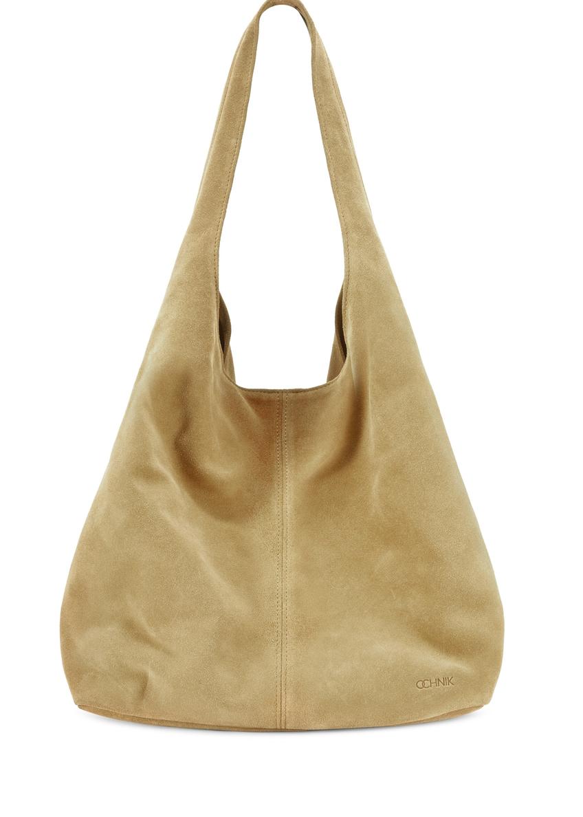 Women's yellow suede shopper bag TORES-1177-2C(W26), front product view on white background.
