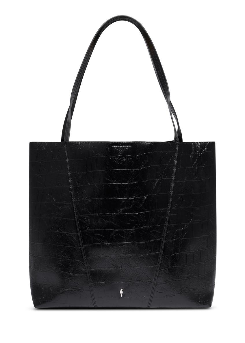 Black women's croco shopper bag TOREC-1304-9G(Z26), product view from the front on a white background.