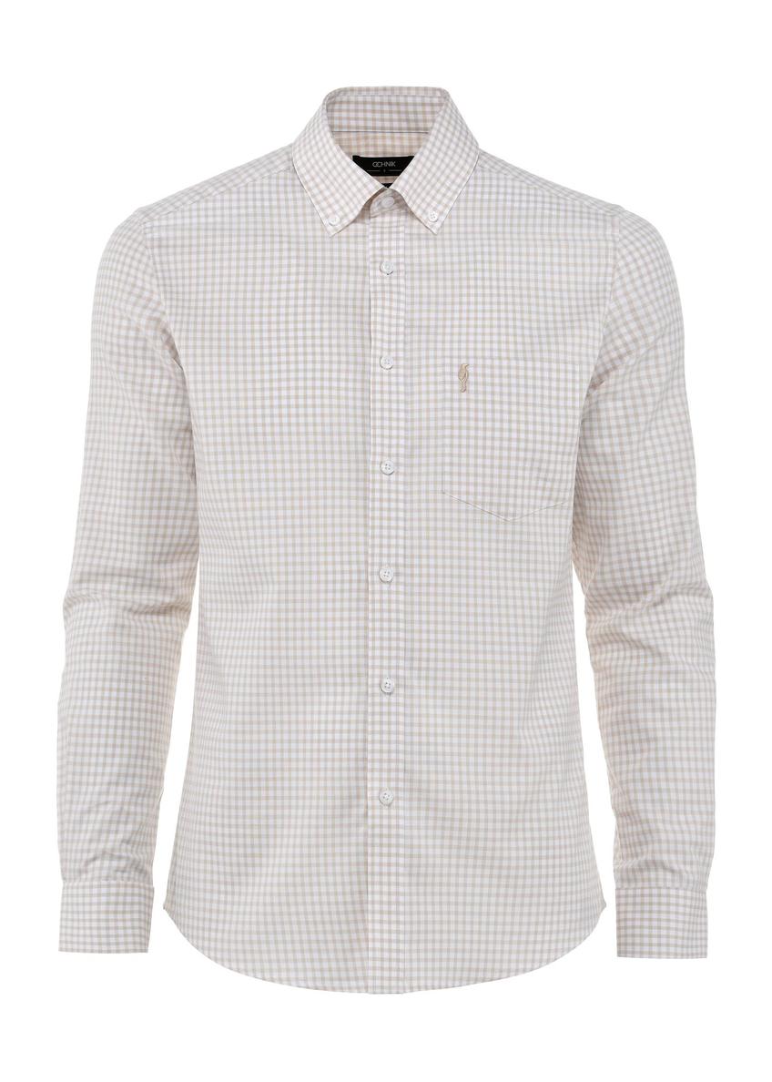 Light beige checkered cotton men's shirt KOSMT-0277-80(W25)