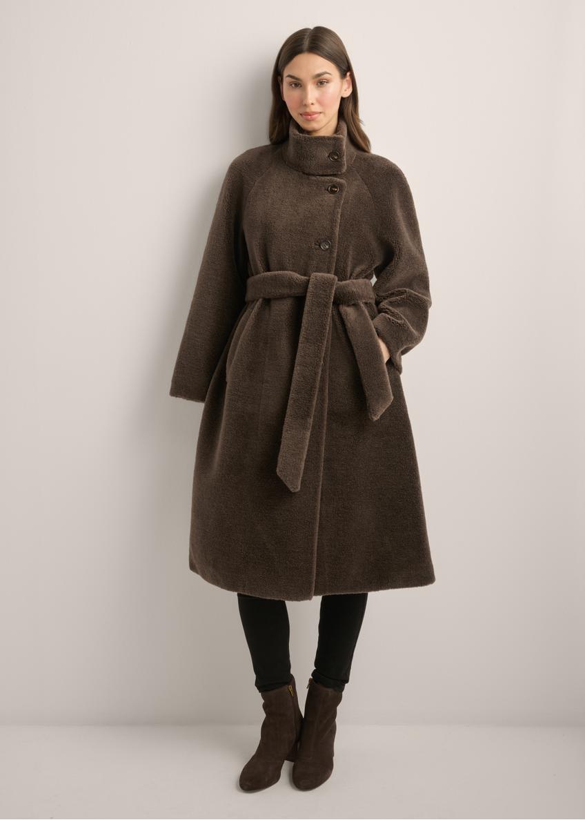 Women's brown wool fur coat FUTDW-0041-1I(Z26), front view of the product on the model. Full body visible.