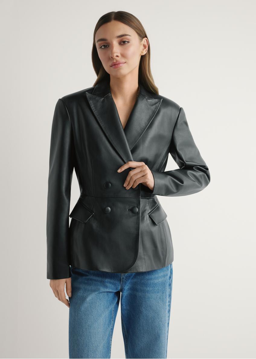 Women's black leather jacket KURDS-0600-99(W26) - front view of the product, on a model, on a light background.