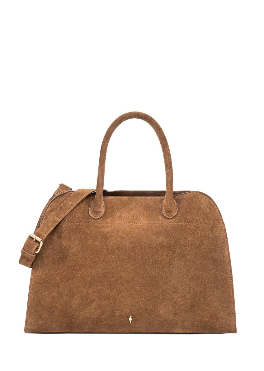 Cognac suede handbag TORES-1191-88(Z25), front product view on white background.