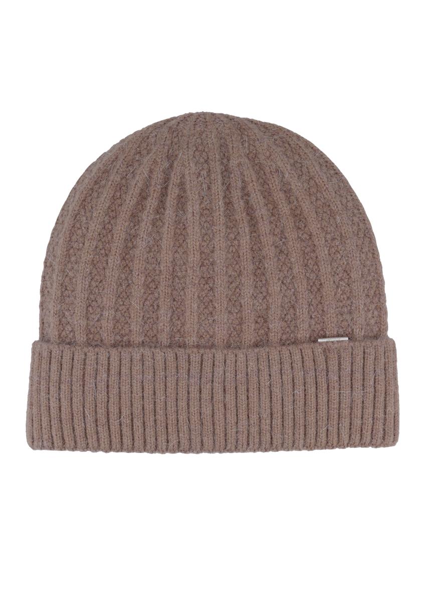 Women's winter hat in cool beige color CZADT-0237-1K(Z26), front product view on white background.